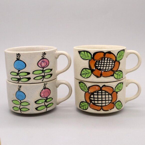 Vintage Otagiri Japan Floral Flower Speckled Soup Mug, Set Of 4 Bowl - Picture 1 of 11